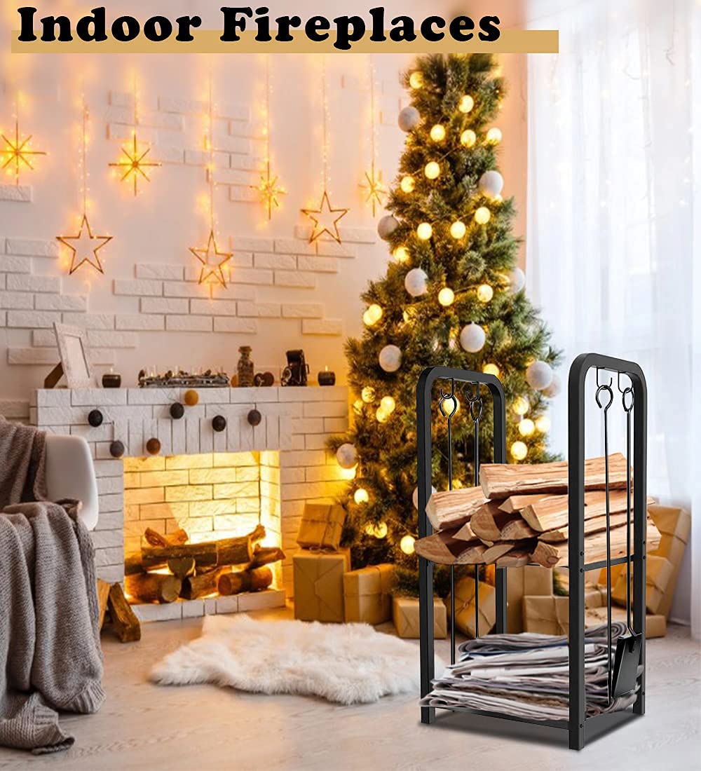 Artibear Small Firewood Rack Holder for Indoor Fireplace, 2-Tier Fire Wood Log Storage Stacker Stand for Outdoor Patio, Black Artibear