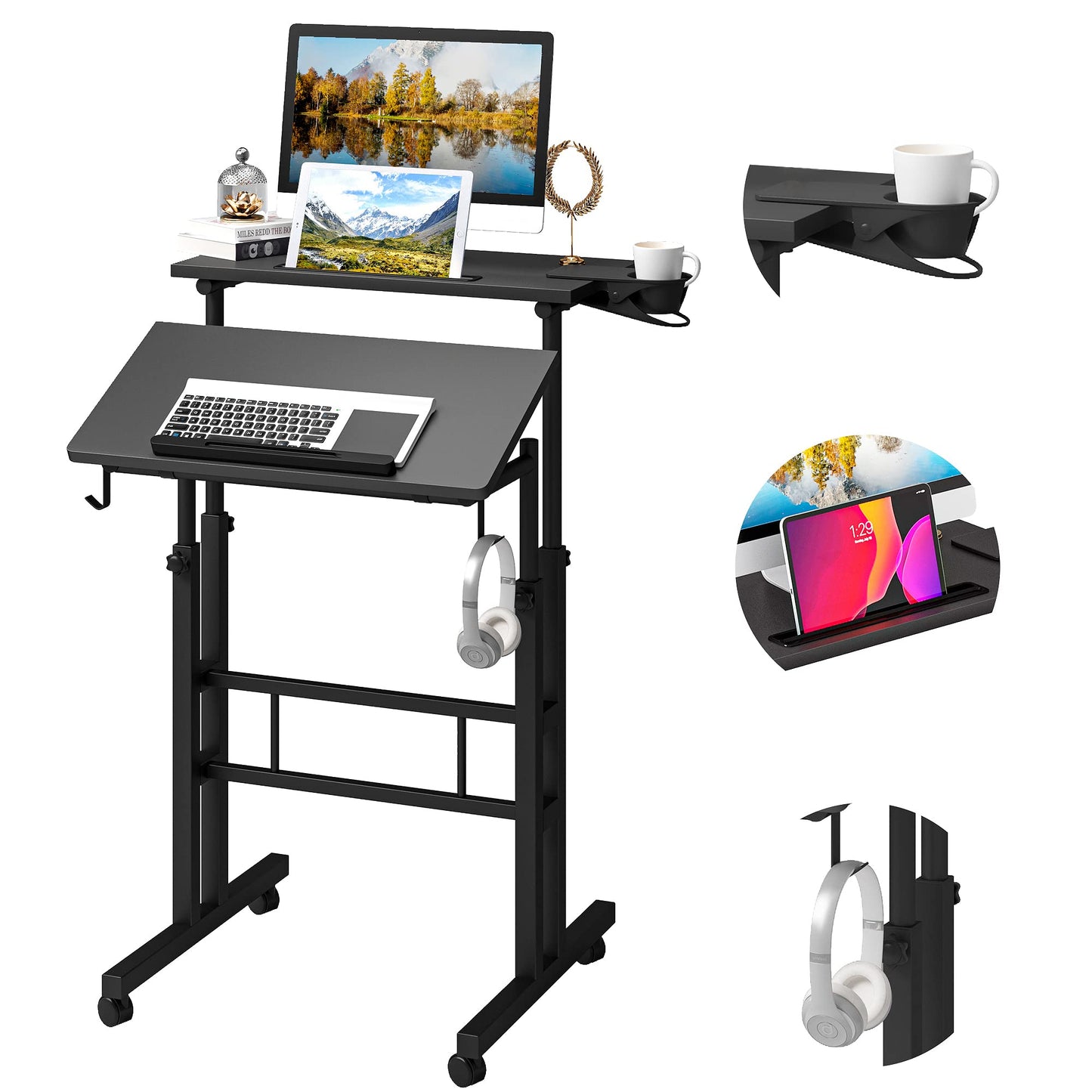 Klvied Adjustable Height Standing Desk with Cup Holder, Portable and Easy to Move, Ideal for Home or Office, Black