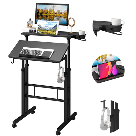 Klvied Adjustable Height Standing Desk with Cup Holder, Portable and Easy to Move, Ideal for Home or Office, Black Klvied