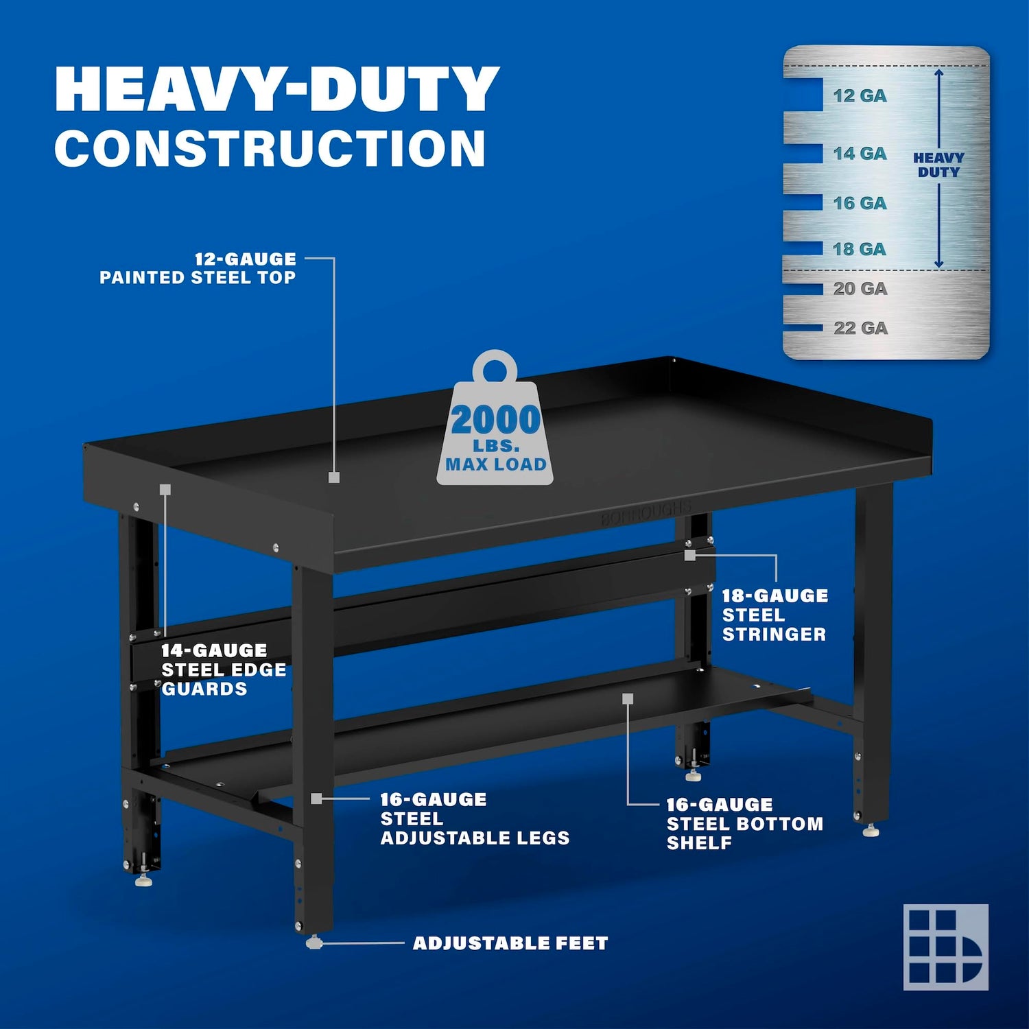 Borroughs® 60" Adjustable Workbench, 12-Gauge Steel Heavy-Duty Workstation with Bottom Shelf & Edge Guards, 2000 LBS Load Capacity Worktable for Borroughs