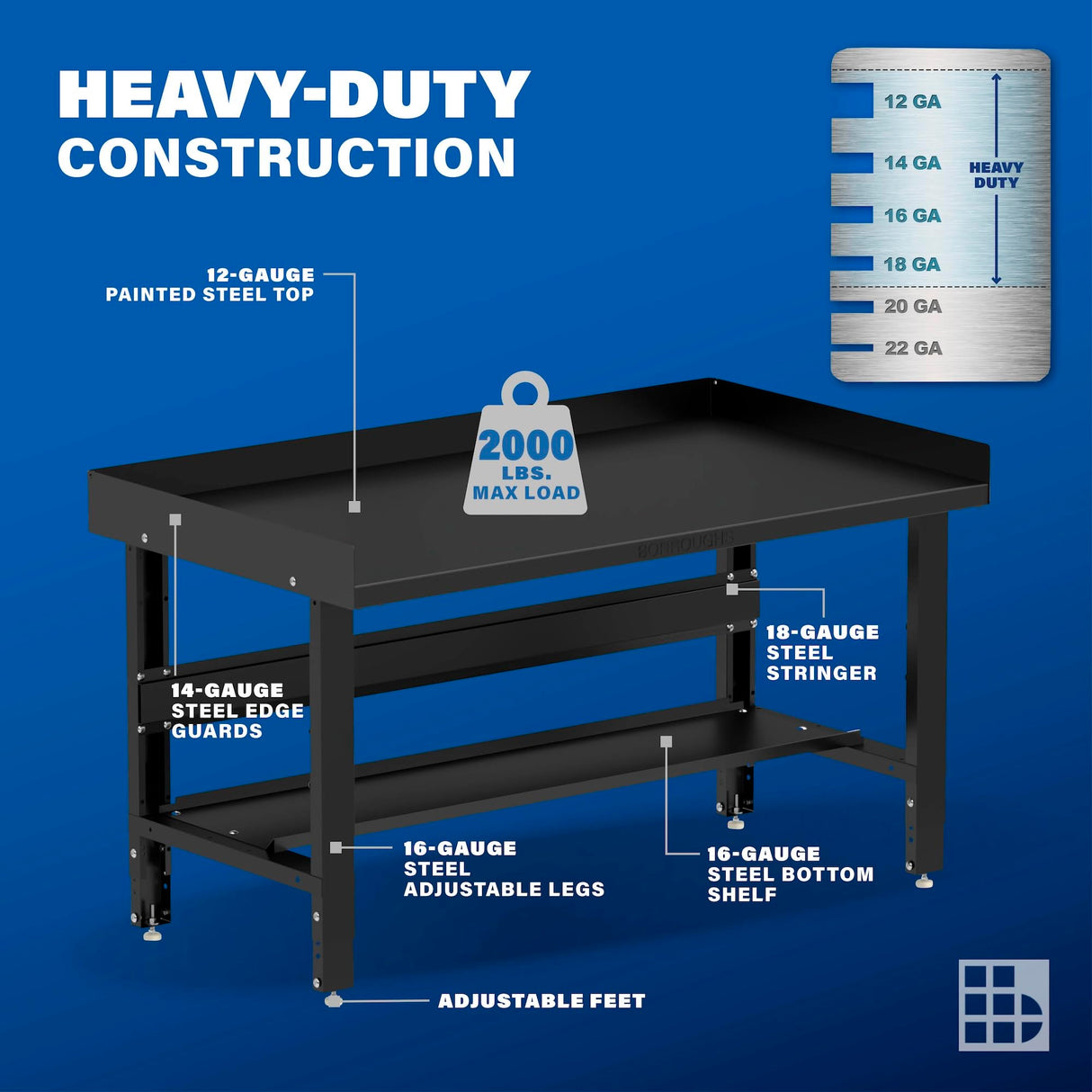 Borroughs® 60" Adjustable Workbench, 12-Gauge Steel Heavy-Duty Workstation with Bottom Shelf & Edge Guards, 2000 LBS Load Capacity Worktable for Borroughs