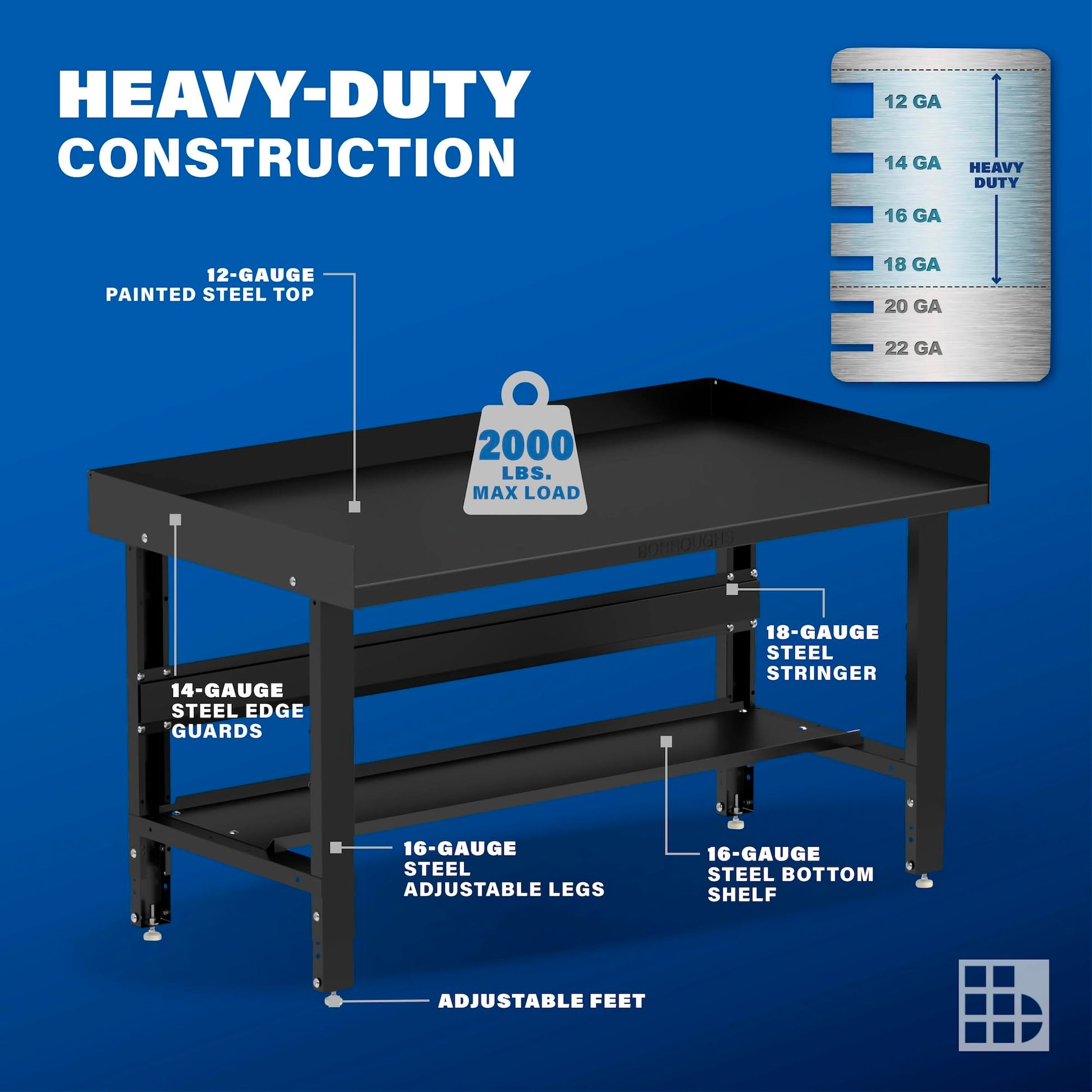 Borroughs® 60" Adjustable Workbench, 12-Gauge Steel Heavy-Duty Workstation with Bottom Shelf & Edge Guards, 2000 LBS Load Capacity Worktable for - WoodArtSupply