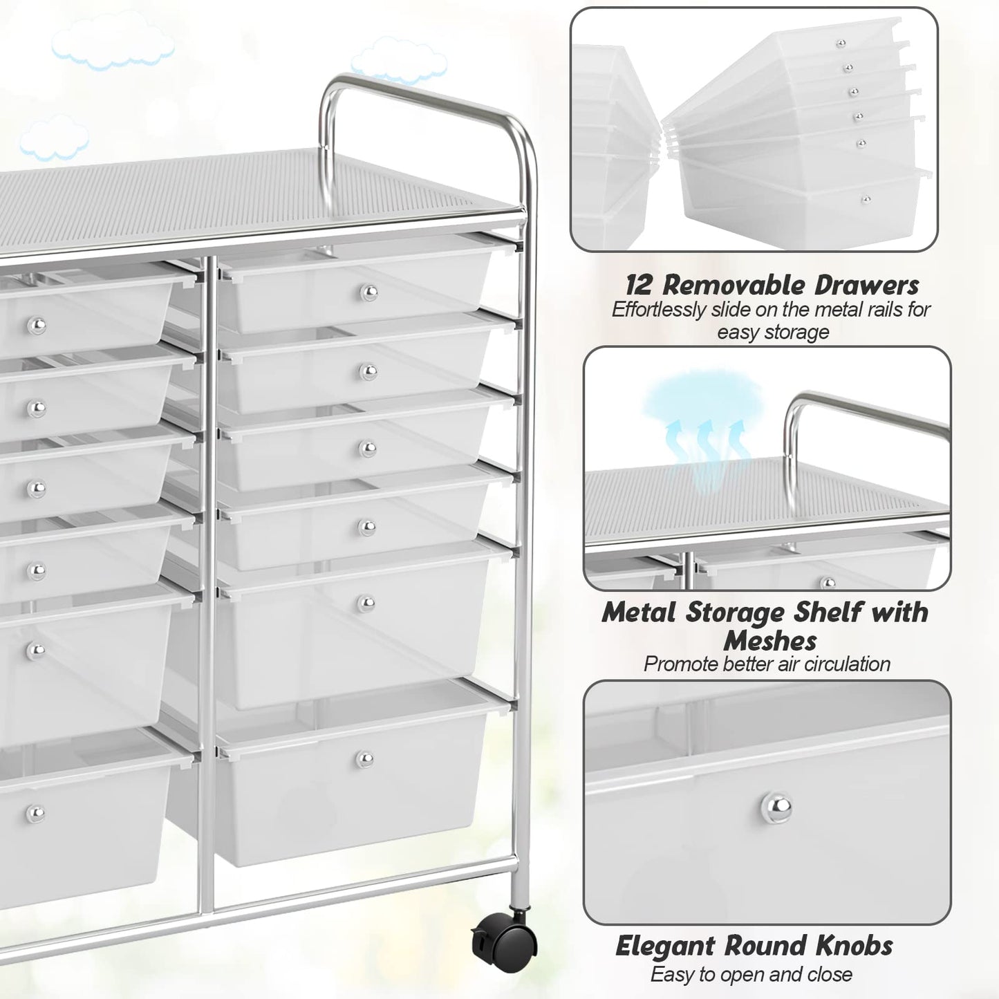 COSTWAY 12-Drawer Rolling Storage Cart, Moveable Art Craft Organizer W/Lockable Wheels, Metal Shelf, Files Arrangement Tools Makeup Storage Cart for - WoodArtSupply