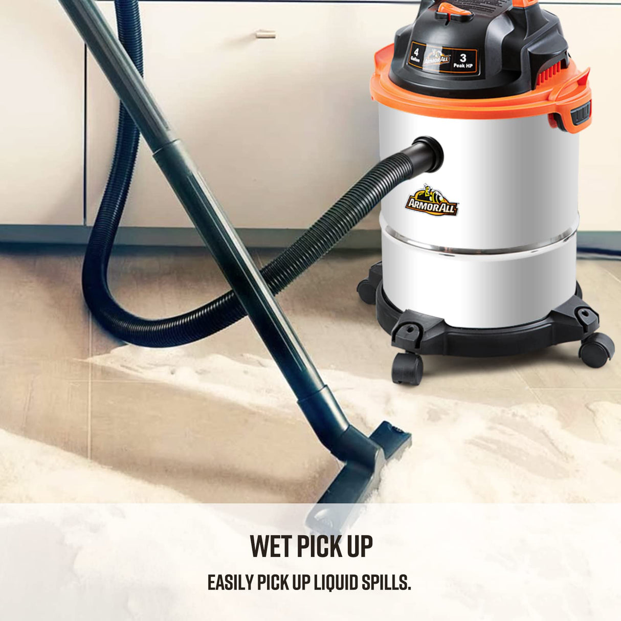Armor All VO408S 0901 4 Gallon Wet/Dry Vac 3.0 Peak HP Shop Vacuum with 3 Nozzles and 1 Brush, Stainless Steel Tank, Orange Armor All