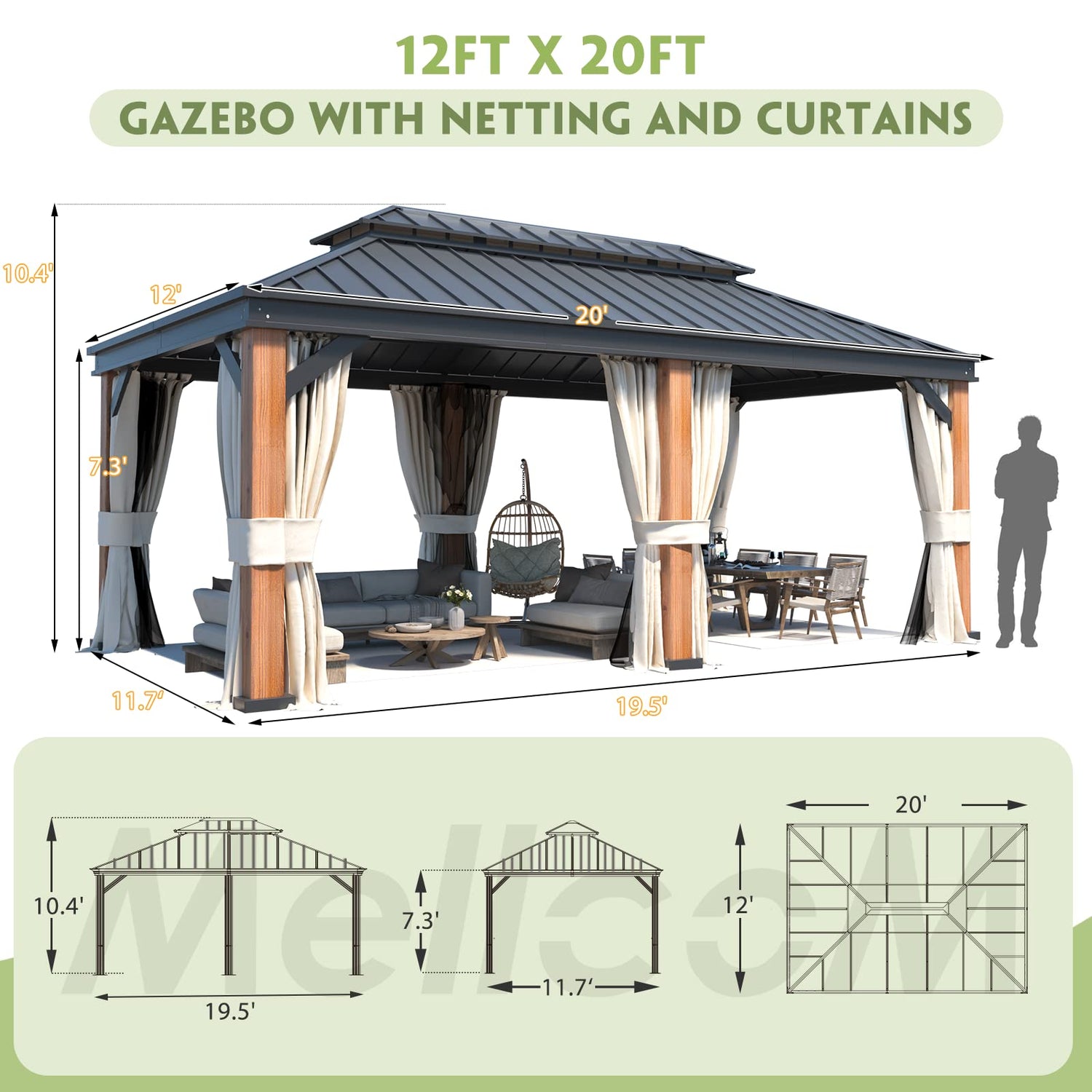 MELLCOM Gazebo 12' x 20', Wooden Finish Coated Thicker Aluminum Frame Gazebo with Galvanized Steel Roof, Outdoor Patio Gazebos with Curtains and MELLCOM