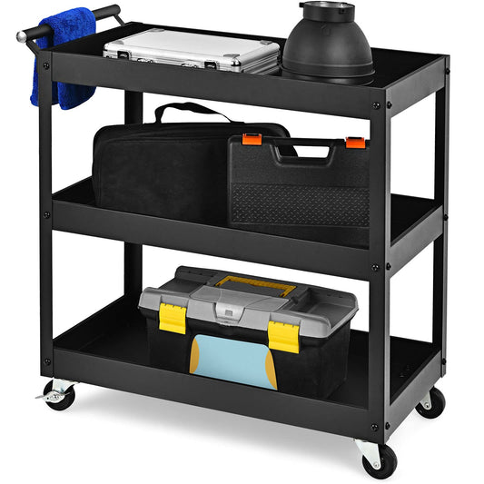 Goplus 3-Tier Utility Cart, Heavy Duty Commercial Service Tool Cart w/Lockable Wheels, 330lbs Load Capacity, Ergonomic Handle, Rolling Mechanic Tool - WoodArtSupply