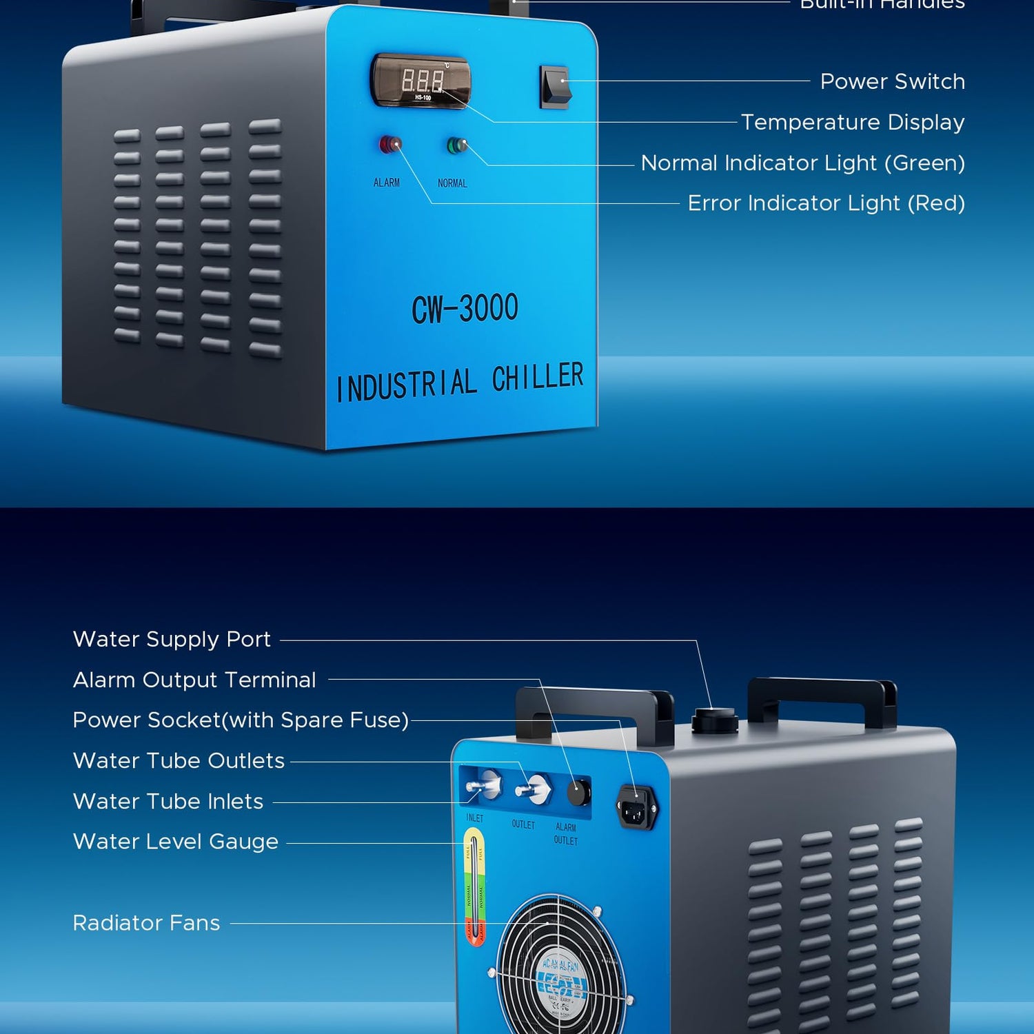 OMTECH 9L Industrial Water Chiller 2.6gpm CW-3000 Water Cooler for 40W K40 CO2 Laser Engraving & Cutting Machines, Water Cooling System Radiates 50W OMTech