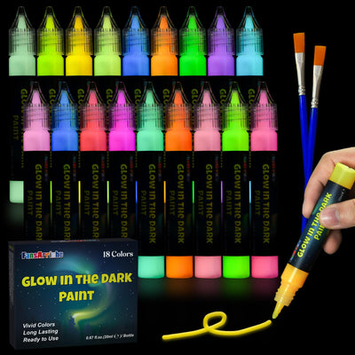 FansArriche Glow in the Dark Fabric Paints, 18 Colors x 20 ml 3D Waterproof Acrylic Textile Paint Markers, Glow in Dark Paint Pen, DIY Neon Fabric