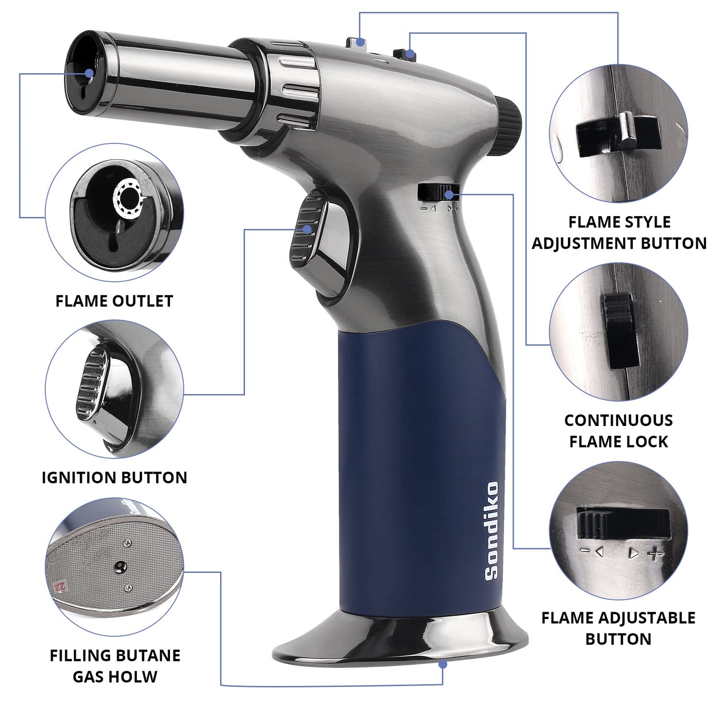 Sondiko Triple Flame Adjustable Mini Butane Torch Lighter - Refillable with Continuous Flame Lock for Creme Brulee, Cooking (Butane Not Included) - WoodArtSupply