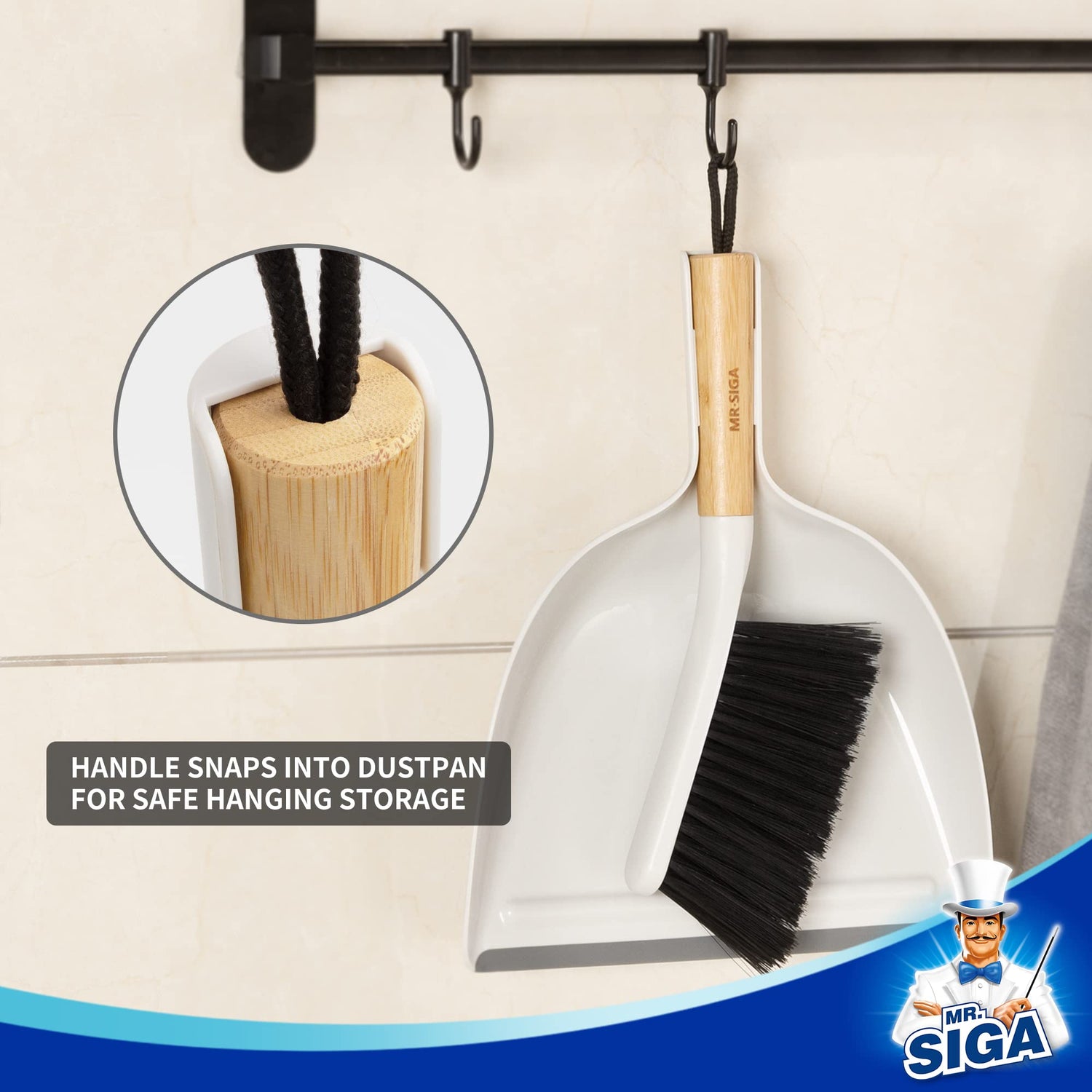 MR.SIGA Dustpan and Brush Set, Portable Cleaning Brush and Dustpan Combo with Bamboo Handle, 1 Set MR.SIGA