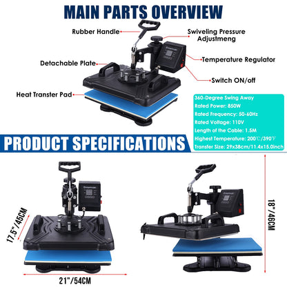 DREAMVAN Pro 8 in 1 Heat Press Machine Combo T Shirt Pressing Machine 15x12Multifunctional 360°Rotation Swing Printing Sublimation Heat Press - WoodArtSupply