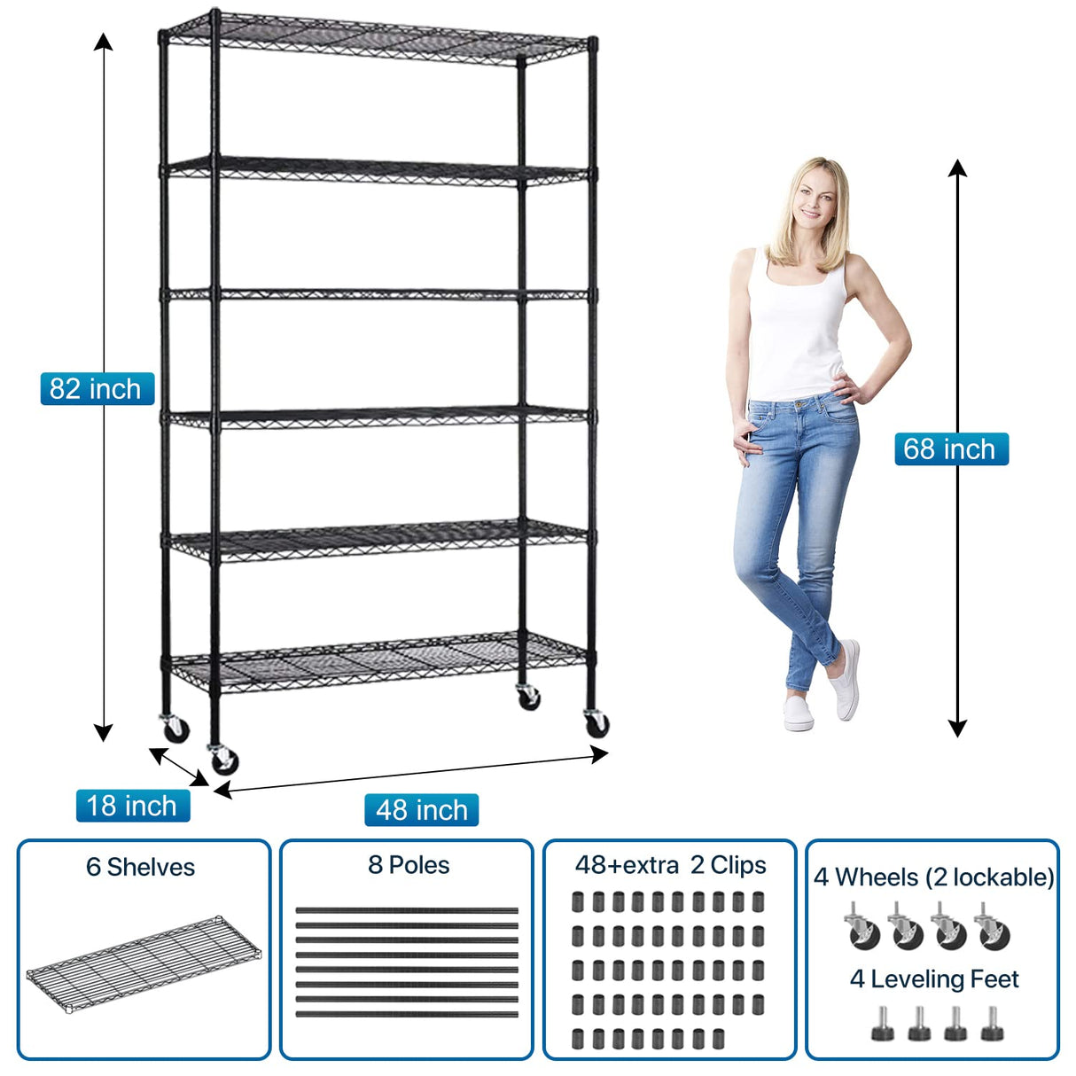 Storage Shelves Metal Shelf Wire Shelving Unit with Wheels 6 Tier NSF Certification Adjustable Garage Shelving Utility Steel Heavy Duty Commercial Dkeli