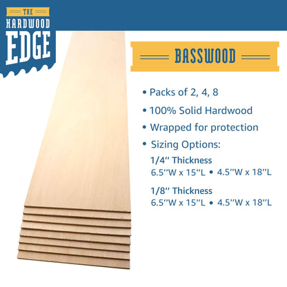 The Hardwood Edge Basswood Planks - 4-Pack Basswood Sheets for Unfinished Wood Crafts - 1/4’’ (6mm) 100% Pure Hardwood - Laser Engraving Blanks -