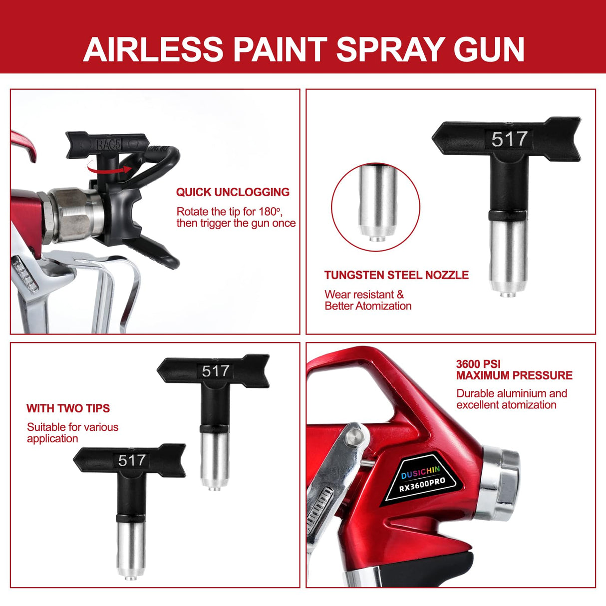 DUSICHIN Airless Paint Spray Gun High Pressure 3600 PSI Reversible 517 Nozzle Tip Guard Swivel Joint with 10 inches Extension Pole for Airless Paint DUSICHIN