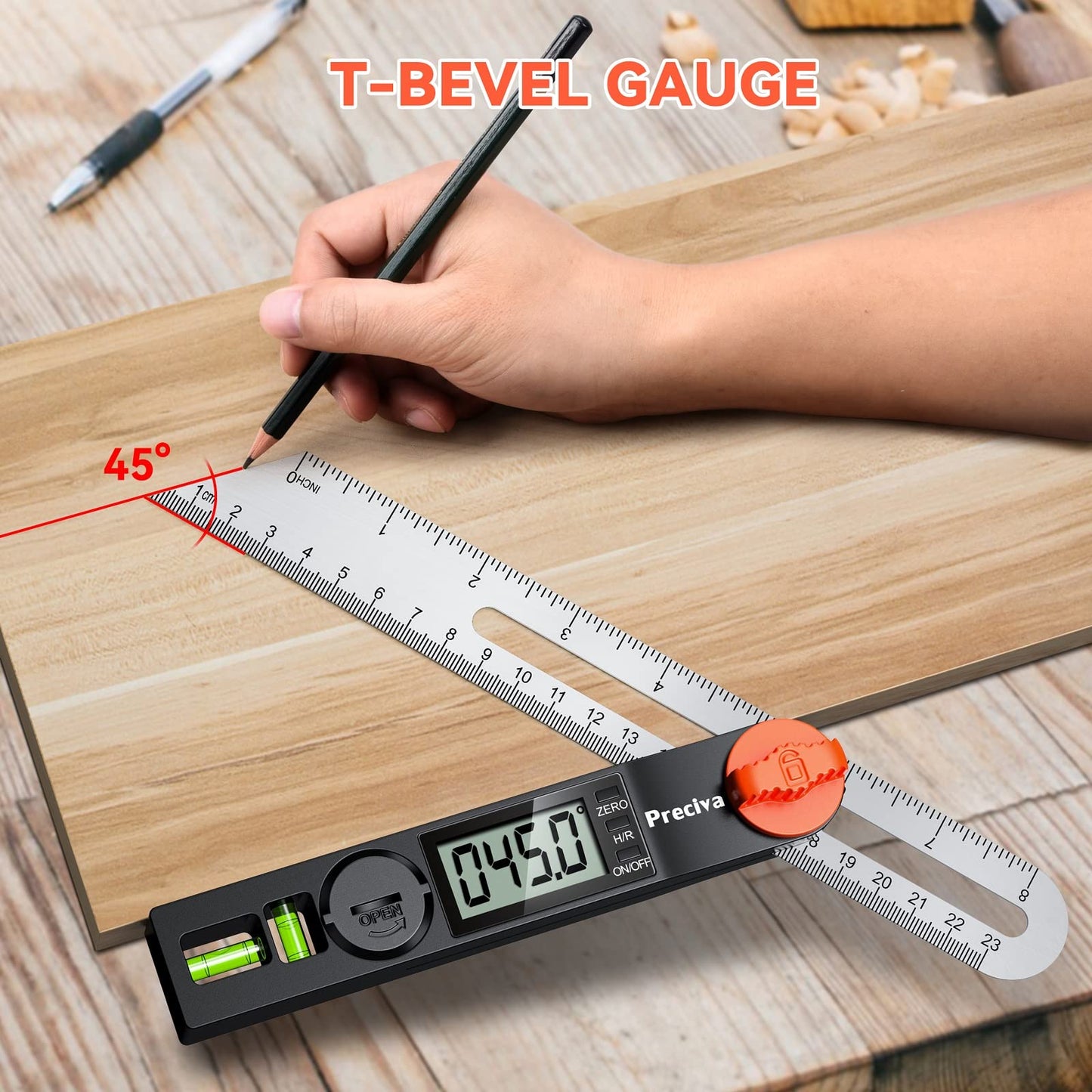Preciva T-Bevel Gauge & Protractor with Horizontal and Vertical Bubble,0-338° Digital Angle Finder Protractor 230mm/8inch Display for Carpentry