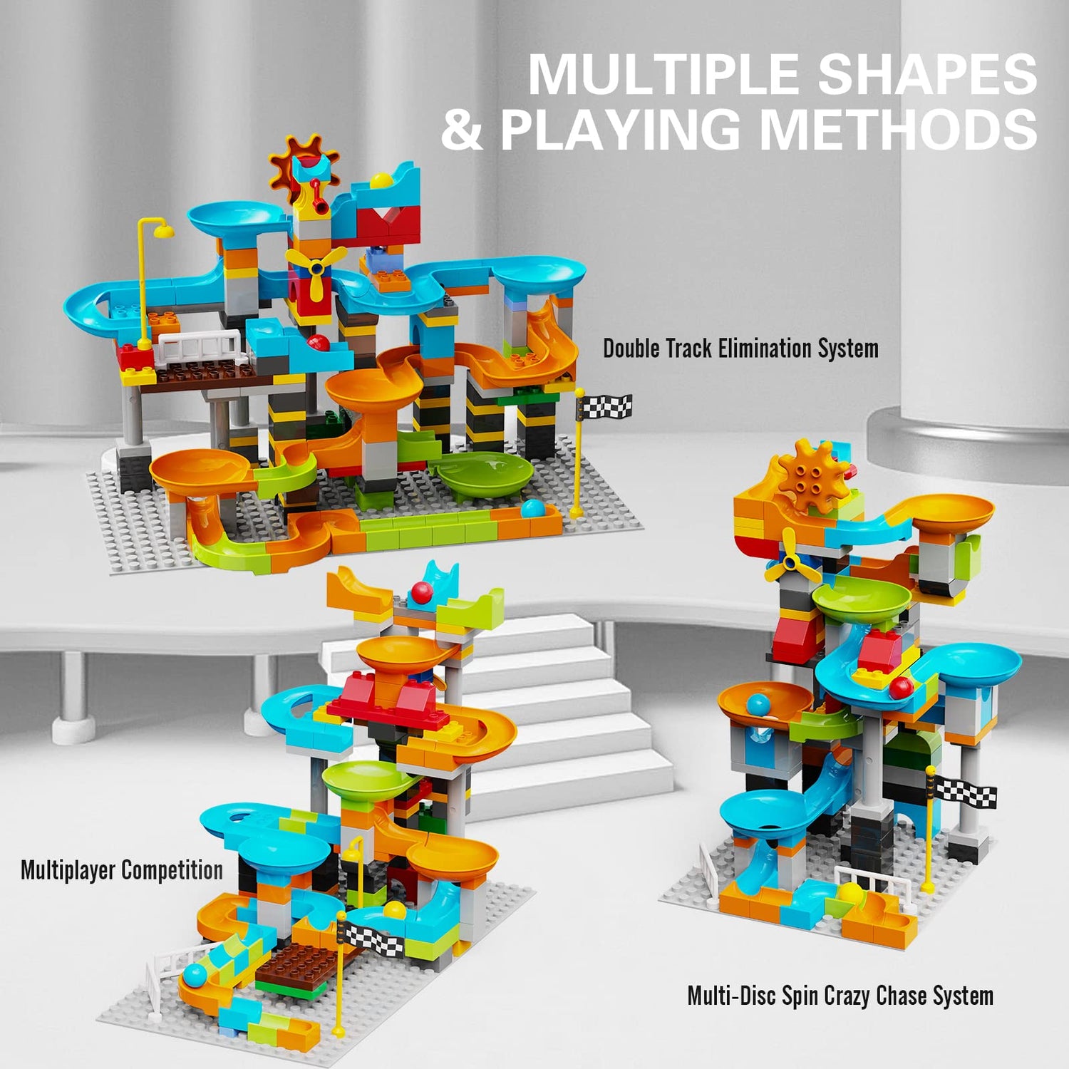 JIXIn Marble Run Building Blocks Compatible with LEGO DUPLO/3-IN-1 Multiplayer/Gear Handle Fun Marble Maze Blocks Building Toy Set/164 PCS Classic JIXIn