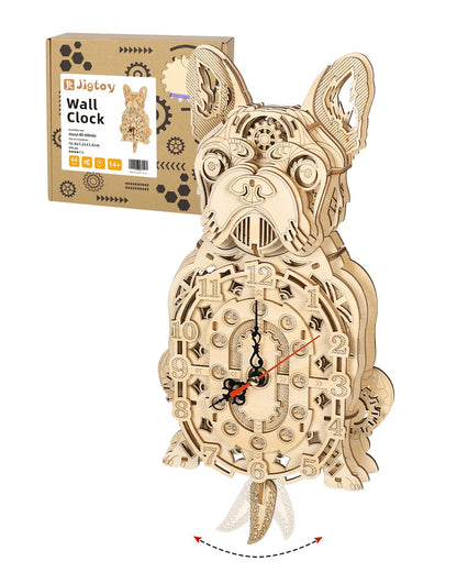 Wooden 3D Puzzles for Adults: Mechanical Bulldog Clock Model - Christmas-Themed Wooden Clock Kits to Build with Wall Clock Pendulum