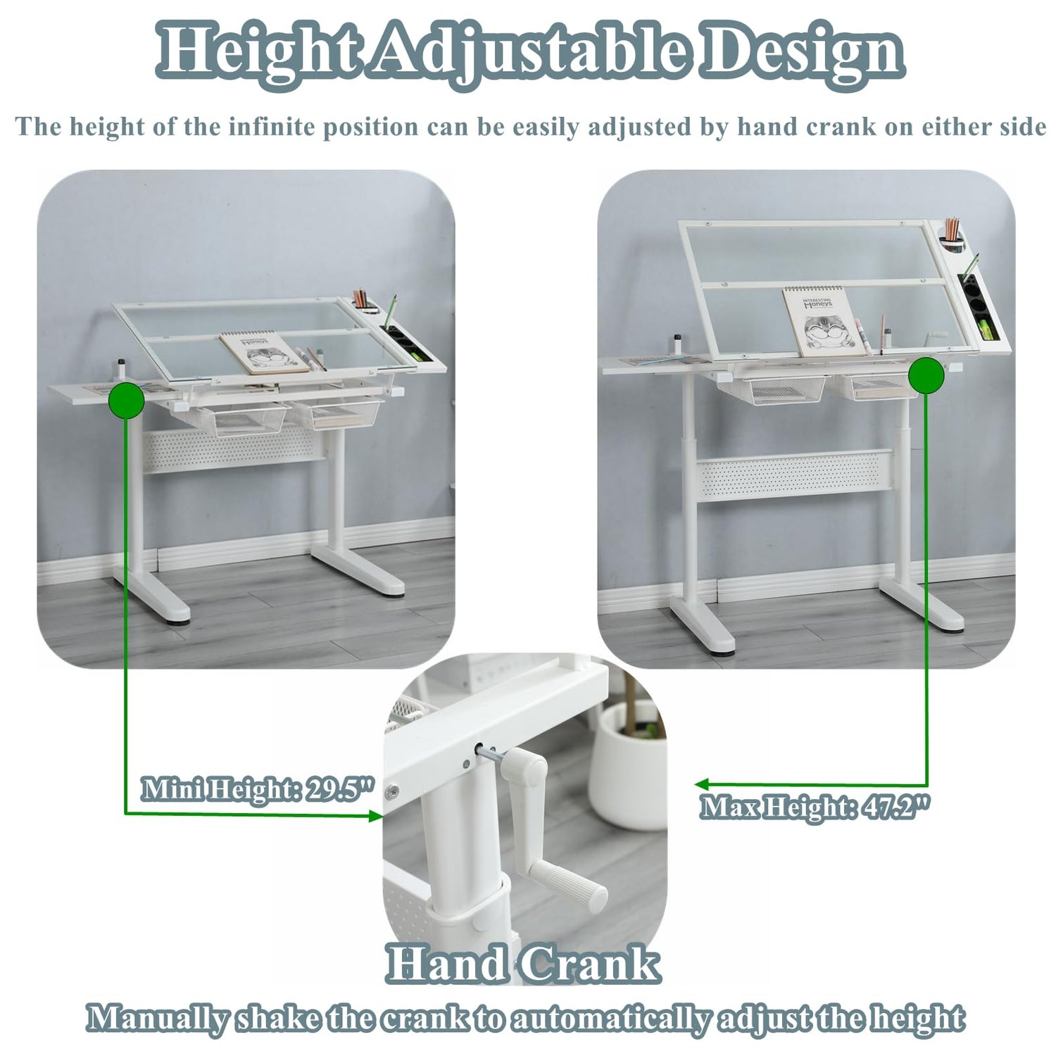 Gagawin Upgraded Height Adjustable Drafting Table Drawing Desk Artist Table with Stool for Home Office, Tilting Glass Tabletop Art Craft Desk w/2 Gagawin