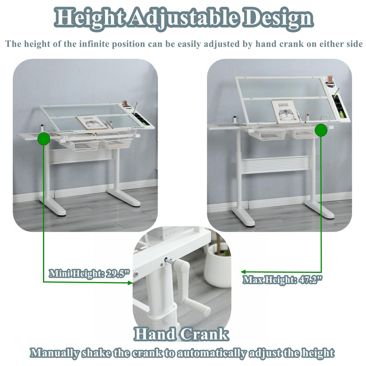 Gagawin Upgraded Height Adjustable Drafting Table Drawing Desk Artist Table with Stool for Home Office, Tilting Glass Tabletop Art Craft Desk w/2 Gagawin