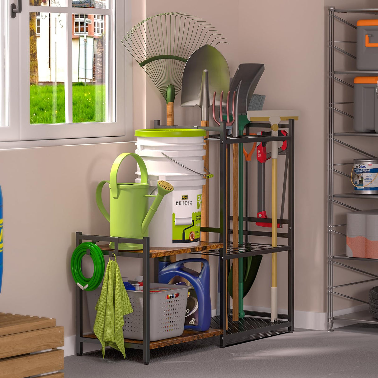 DAOUTIME Garage Tool Organizer with 2-tier Wooden Shelves, Yard Tool Organizer for Garage with 6 Hooks, Heavy duty Steel Garden Tool Rack Holds up to DAOUTIME