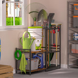 DAOUTIME Garage Tool Organizer with 2-tier Wooden Shelves, Yard Tool Organizer for Garage with 6 Hooks, Heavy duty Steel Garden Tool Rack Holds up to DAOUTIME