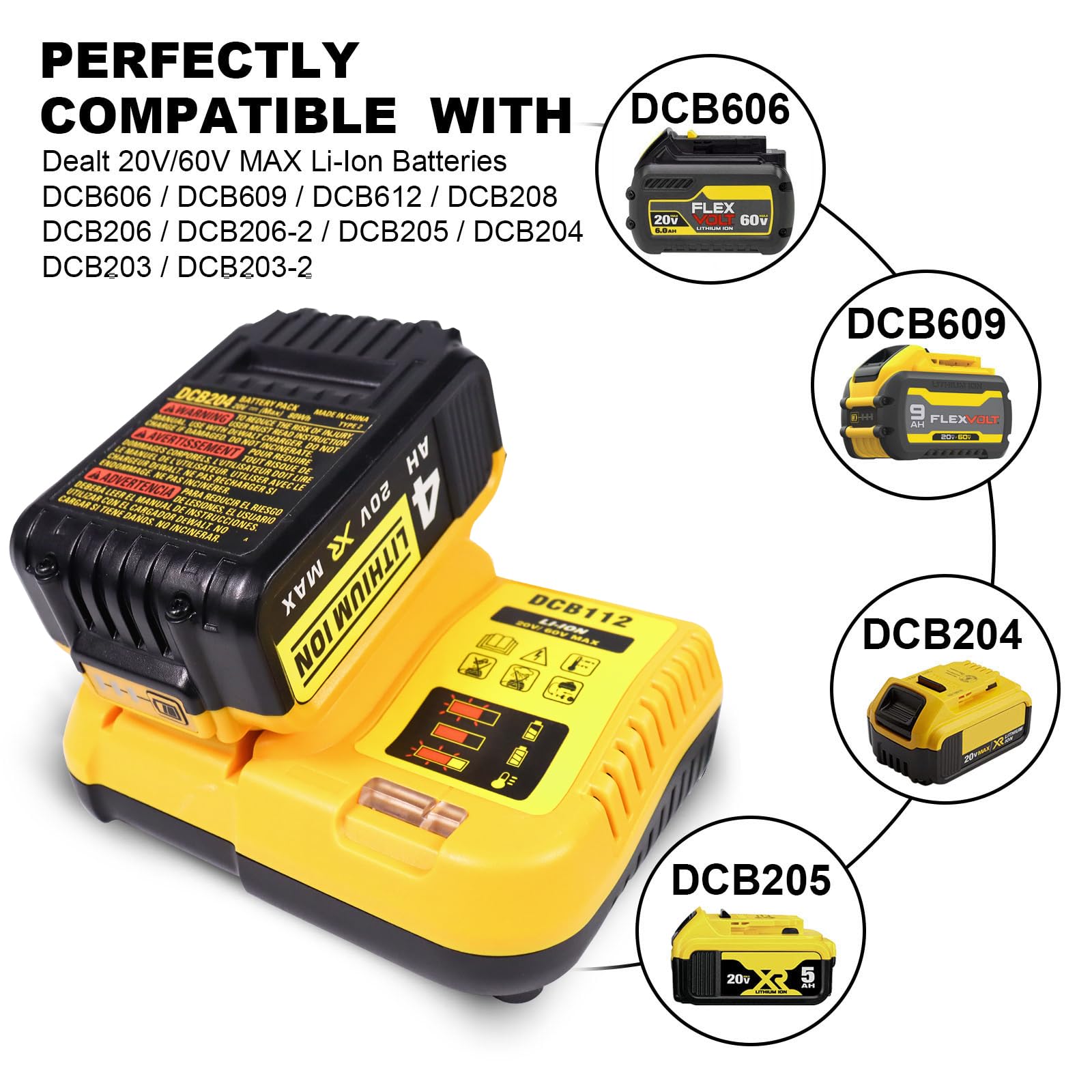 Battery Charger Replacement for Dewalt 12V 20V and 60V MAX Lithium-Ion Battery DCB112 for DCB205 DCB112 DCB201 DCB200 DCB612 DCB609-2 DCB609 DCB606 - WoodArtSupply