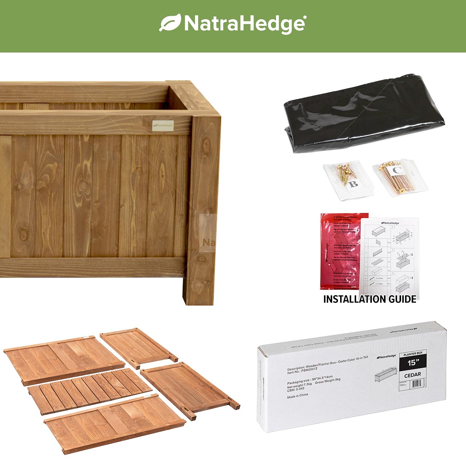 NatraHedge 15" Hampton Classic Wooden Planter Box Indoor and Outdoor Use for Patio Garden (44" x 15" x 15") NatraHedge