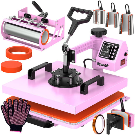 Pro 15x15 Heat Press with 30 OZ Tumbler Attachment, 8in1 Combo Tumbler Heat Press for T-Shirts, Tumblers Glass Cans Mugs Hats, and Plates (Pink) EnjoyColor