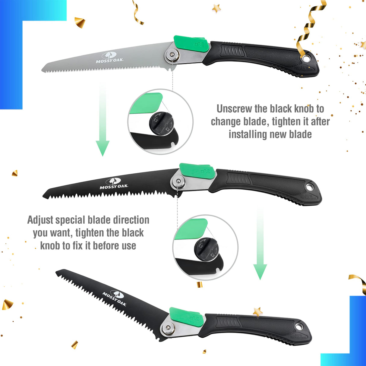 MOSSY OAK 3 in 1 Folding Saw, Pruning Hand Saw with Wood, Metal and PVC Blade, Camping Saw for Backpacking, Hunting and Bushcraft, Pouch Included Mossy Oak