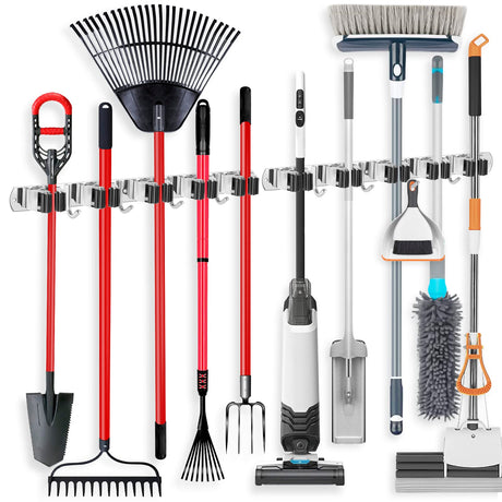 IMILLET 2 Pack Wall Mount Broom Holder Stainless Steel 5 Racks with 4 Hooks Broom Organizer Self Adhesive Heavy Duty Laundry Room, Garage IMILLET