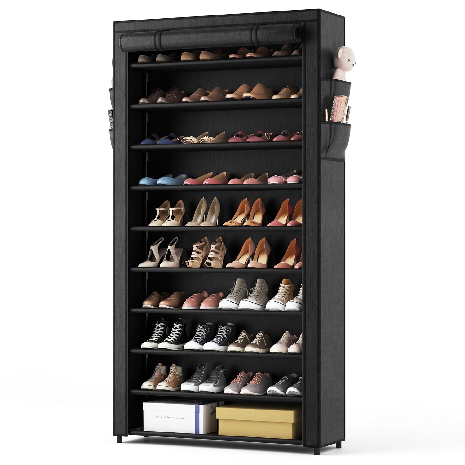 ROJASOP 10 Tier Shoe Rack with Covers,Large Capacity Stackable Tall Shoe Shelf Storage to 50-55 Pairs Shoes and Boots Sturdy Metal Free Standing ROJASOP