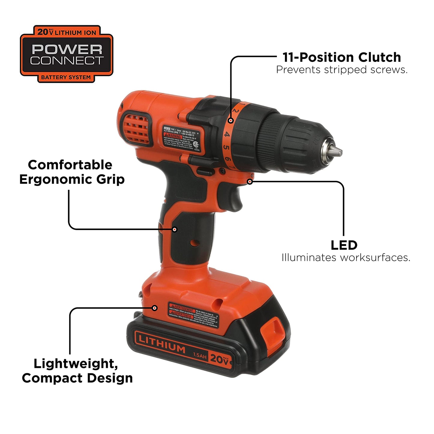 BLACK+DECKER 20V MAX Cordless Drill and Driver, 3/8 Inch, With LED Work Light, Battery and Charger Included (LDX120C)