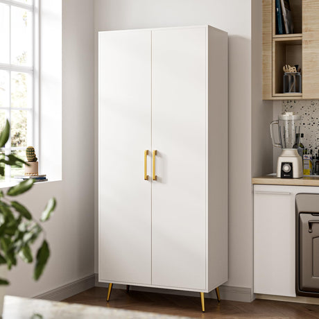 NOVAMAISON White Storage Cabinet 69” Tall - Storage Cabinet w/ 2 Doors and Adjustable Shelves, Freestanding Kitchen Pantry w/Gold Handles and Legs, NOVAMAISON
