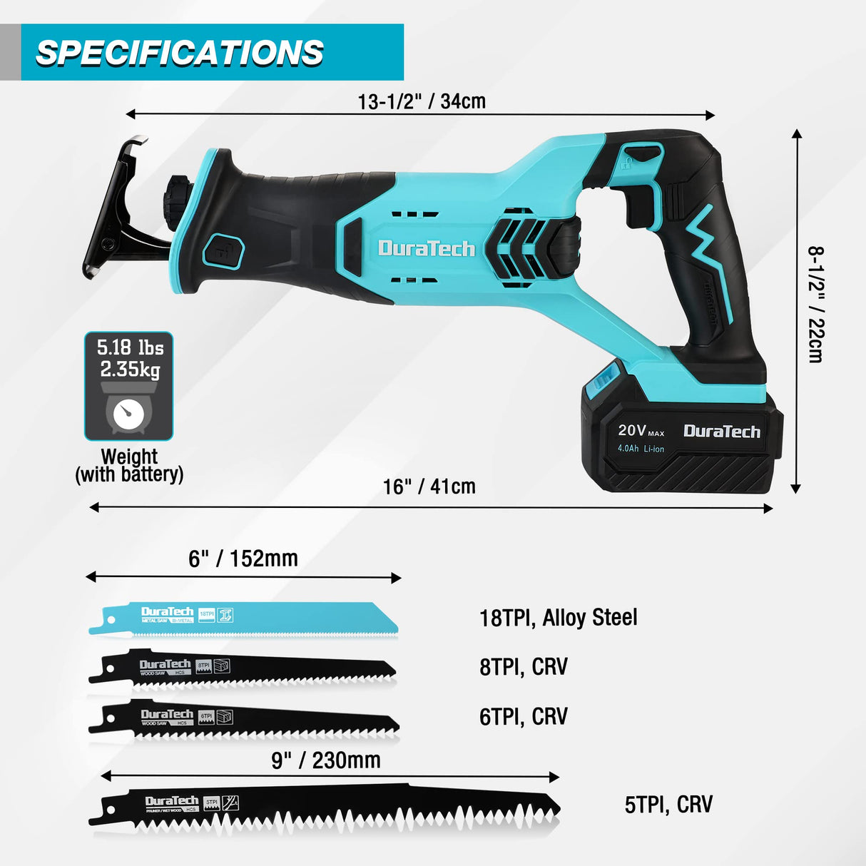 DURATECH Cordless Reciprocating Saw with 20V 4.0Ah Li-Ion Battery, 3000SPM, 7/8" Stroke Length, Variable Speed, Tool-Free Blade Change, 4 Saw Blades DURATECH