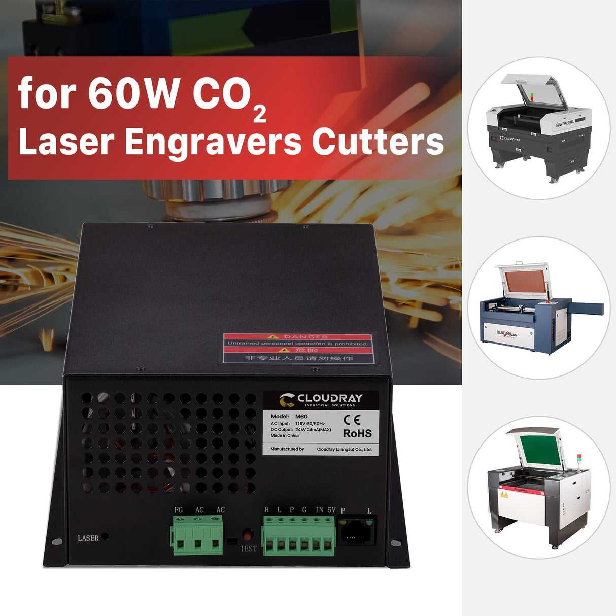 Cloudray 60W Co2 Laser Power Supply 110V for CO2 Laser Tubes Laser Engraver Cutter Engraving Machine MYJG-60W Cloudray
