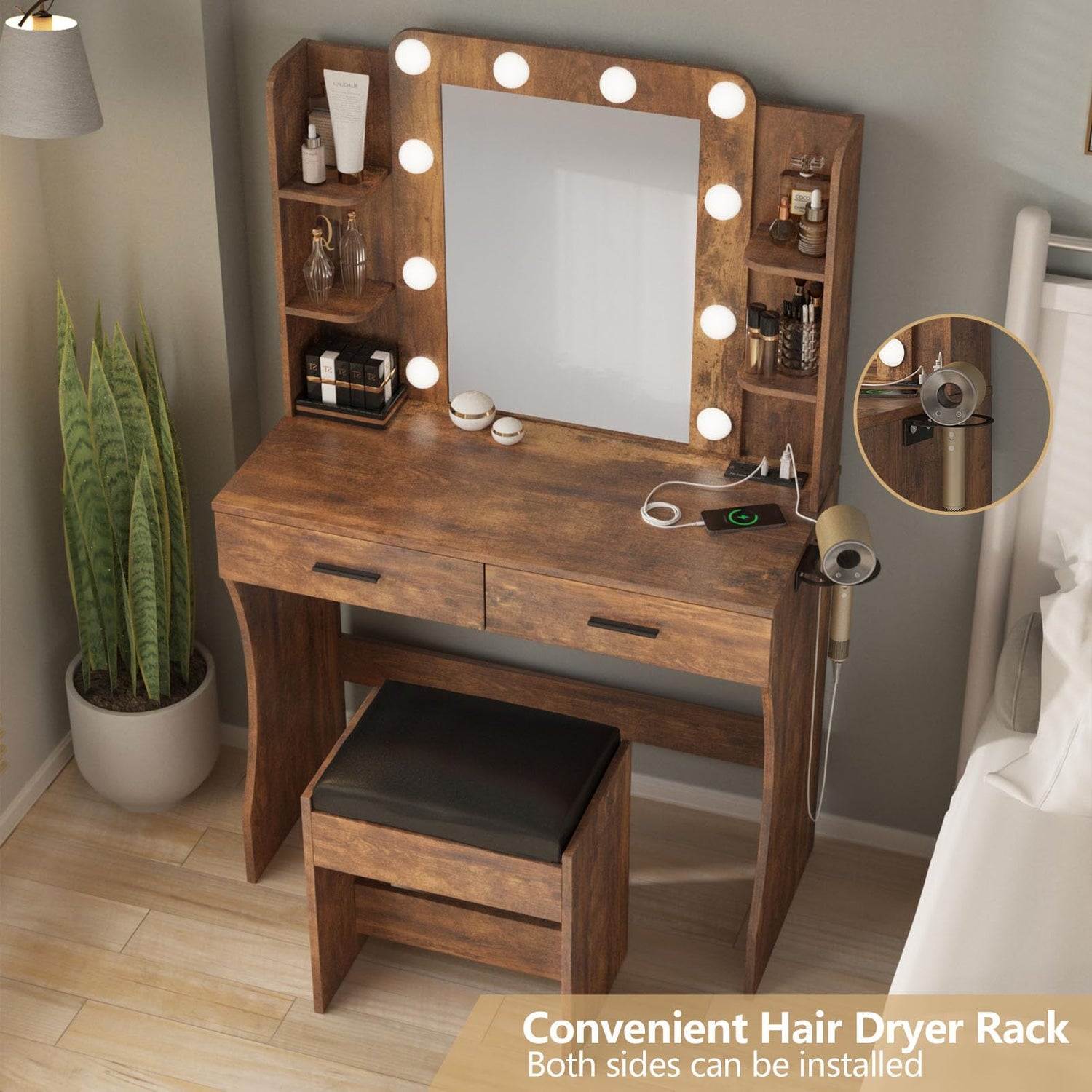 Vanity Desk with Lights,Makeup Vanity with Power Strip,Dressing Table Set with 2 Large Drawers,Vanity Mirror 3 Lighting Color Adjustable,Rustic Brown Vabches