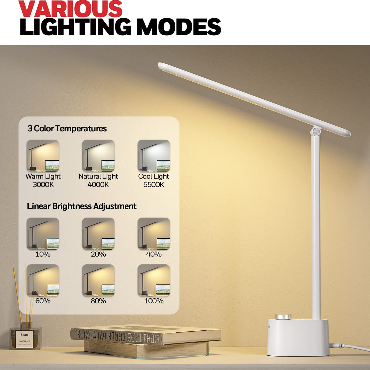 Honeywell HWT-H01 LED Desk Lamp Dimmable Table Lamp with USB A+C Dual Charging Port Eye-Caring Foldable Desk Light with 3 Color Modes for Home Office Honeywell