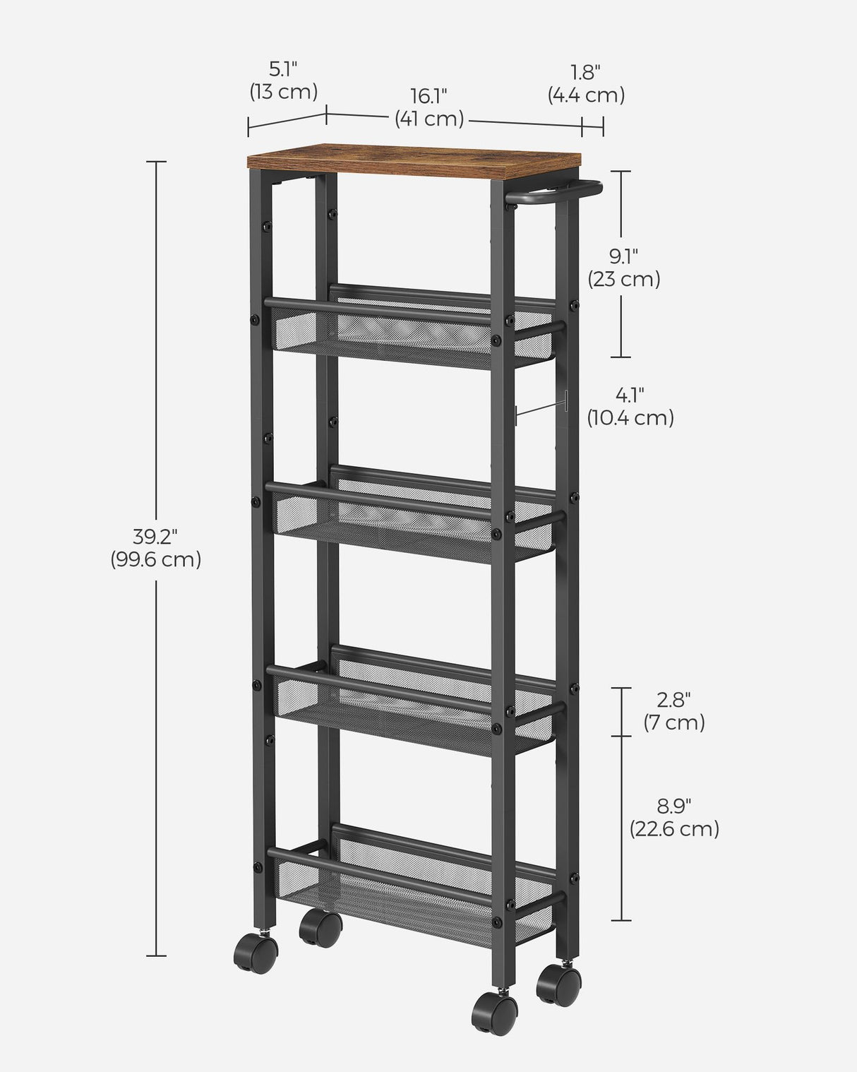 VASAGLE Slim Rolling Cart, 5-Tier Storage Cart, Narrow Cart with Handle, 5.1 Inches Deep, Metal Frame, for Kitchen, Dining Room, Living Room, Home VASAGLE