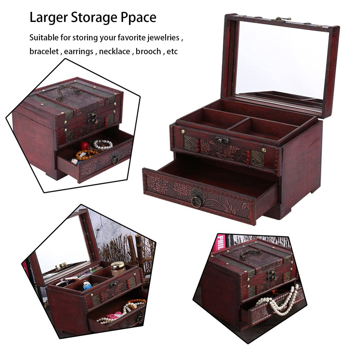 Wooden Jewelry Box with Mirror, Classical Wood Jewlery Box Jewelery Storage Box Case Holder Jewellery Chest Organizer with Drawer Mom Gifts Mothers Brokimis