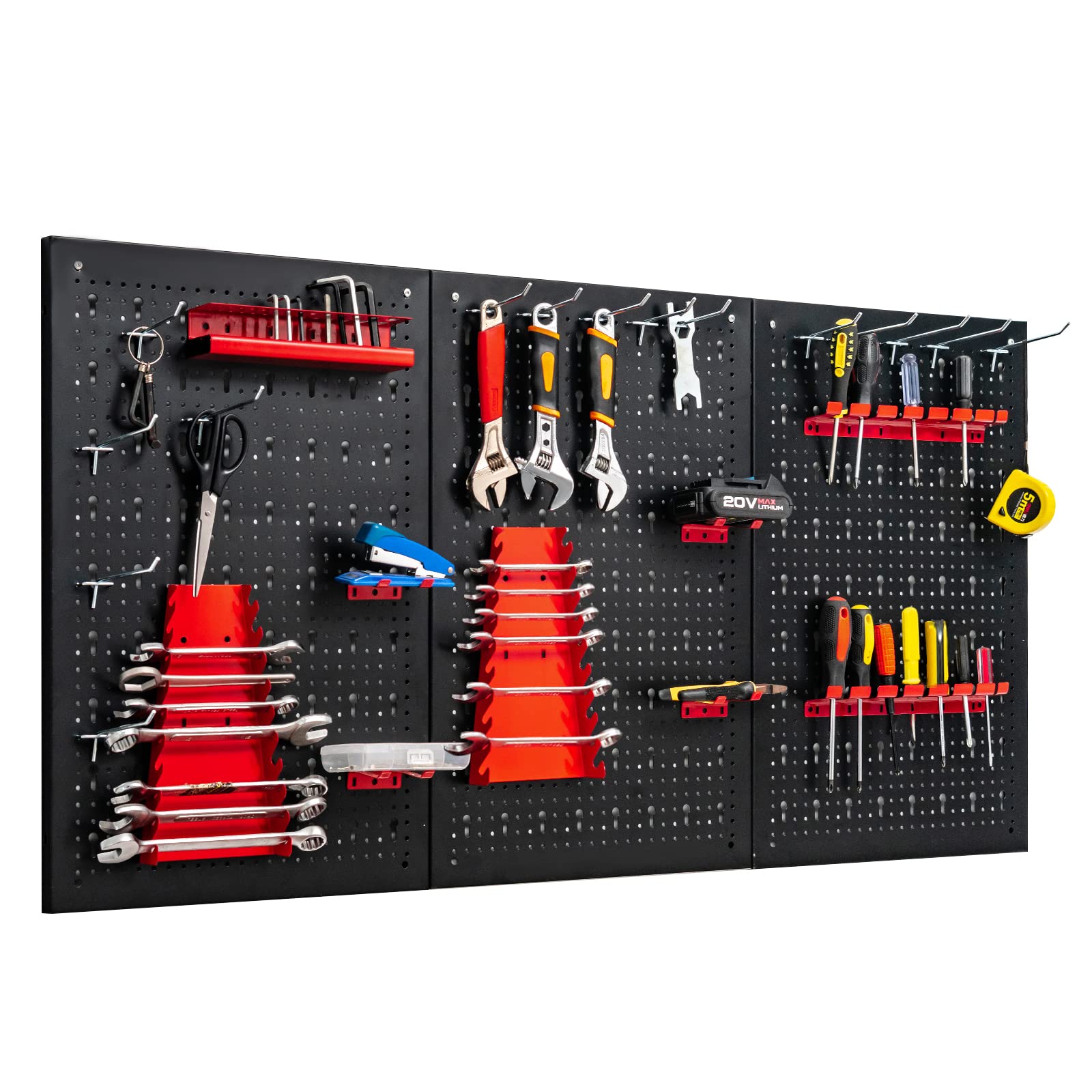 Goplus Pegboard Wall Organizer, 4ft Metal Garage Pegboard Tool Organizer w/3 Pegboards, Drill Bit Rack, Wrench Rack, Hooks Accessories, Wall-Mounted - WoodArtSupply