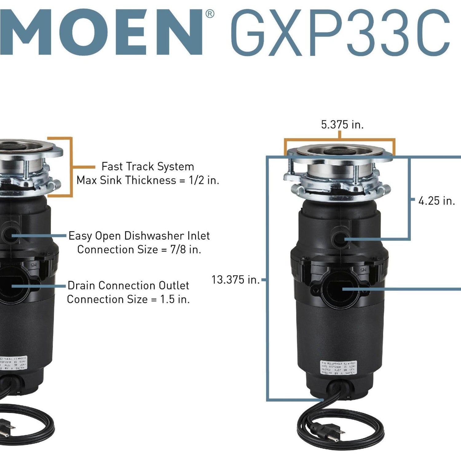 Moen GXP33C Lite Series PRO 1/3 HP Compact Continuous Feed Garbage Disposal for Kitchen Sink, Power Cord Included Moen