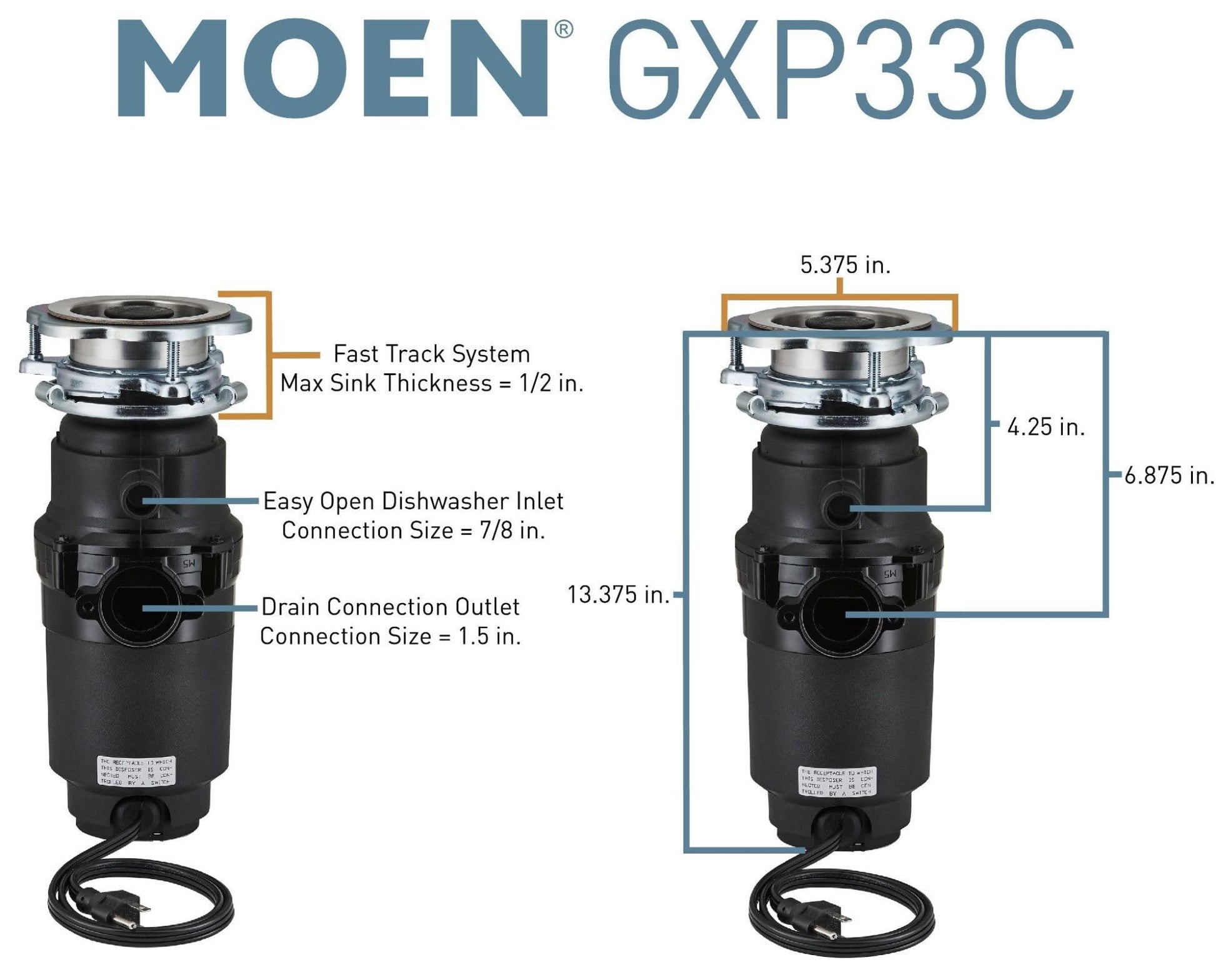 Moen GXP33C Lite Series PRO 1/3 HP Compact Continuous Feed Garbage Disposal for Kitchen Sink, Power Cord Included - WoodArtSupply