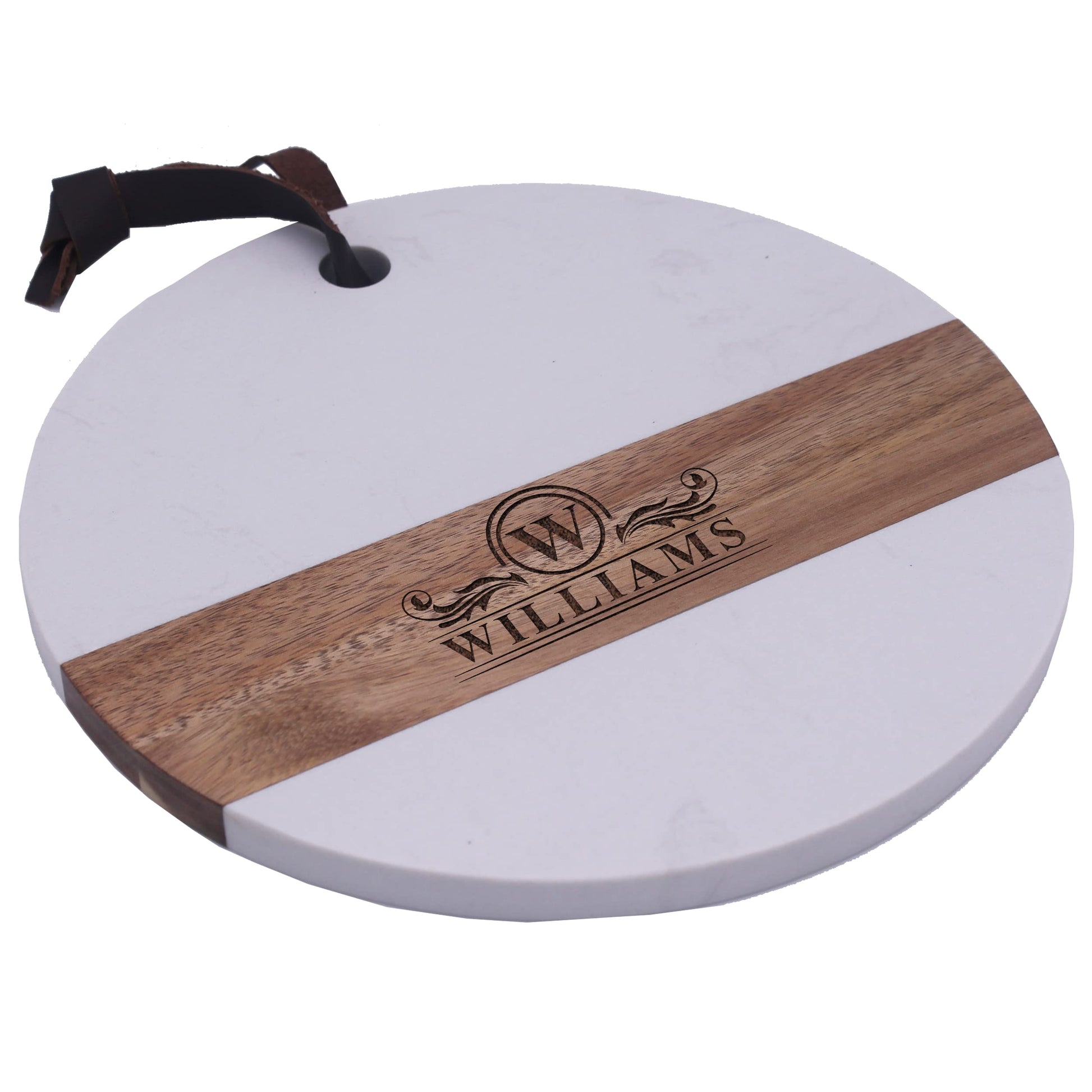 The Wedding Party Store Custom Personalized Round Marble and Acacia Meat, Cheese, Charcuterie Serving Board Platter with Leather Hanging Strap - WoodArtSupply