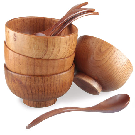 Originalidad Handmade Wood Bowls, Jujube Wooden Japanese Bowls with Matching Spoon for Rice, Soup, Dip, Salad, Tea, Decoration 4 Sets (4 Bowls 4.2 IN Originalidad