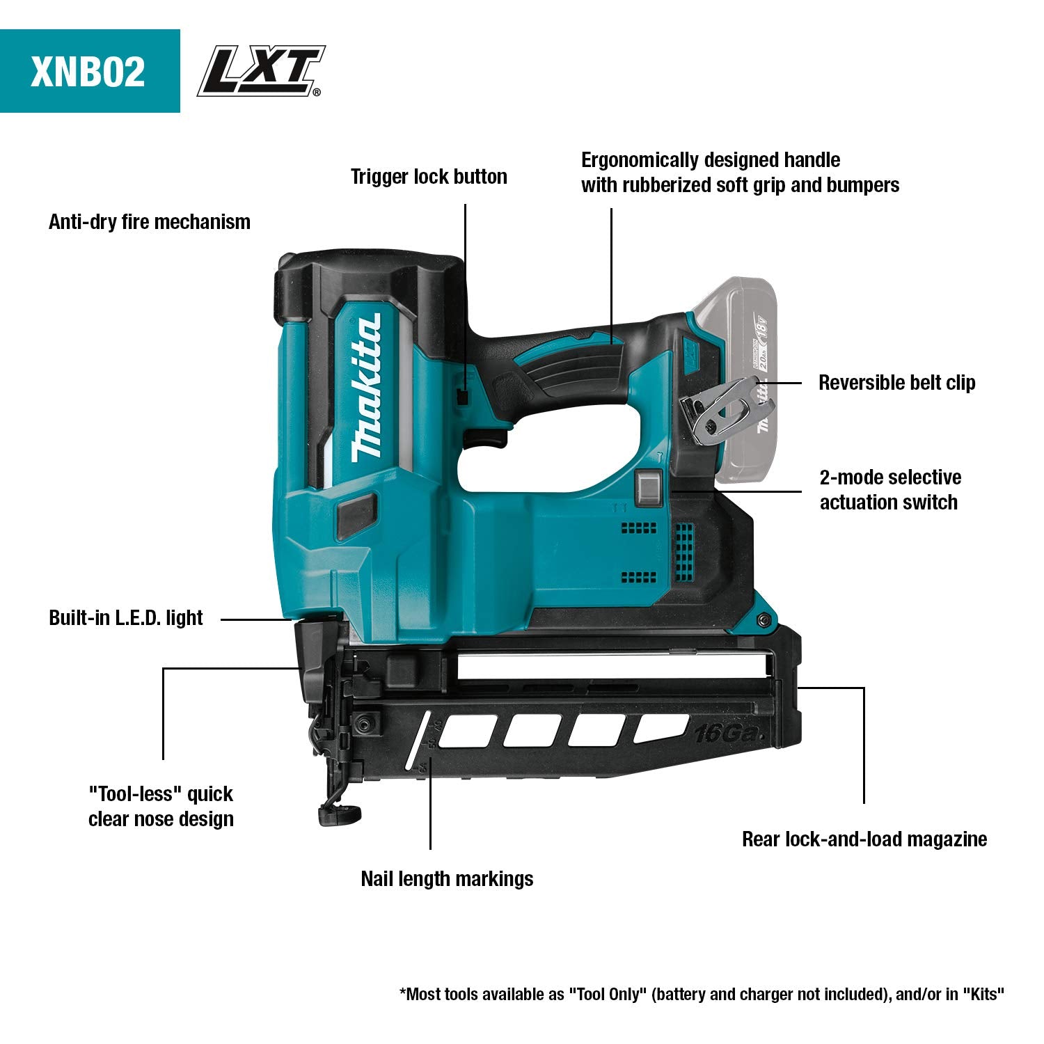 Makita XNB02Z 18V LXT Straight Finish Nailer, 16 Gauge, 2-1/2" - WoodArtSupply