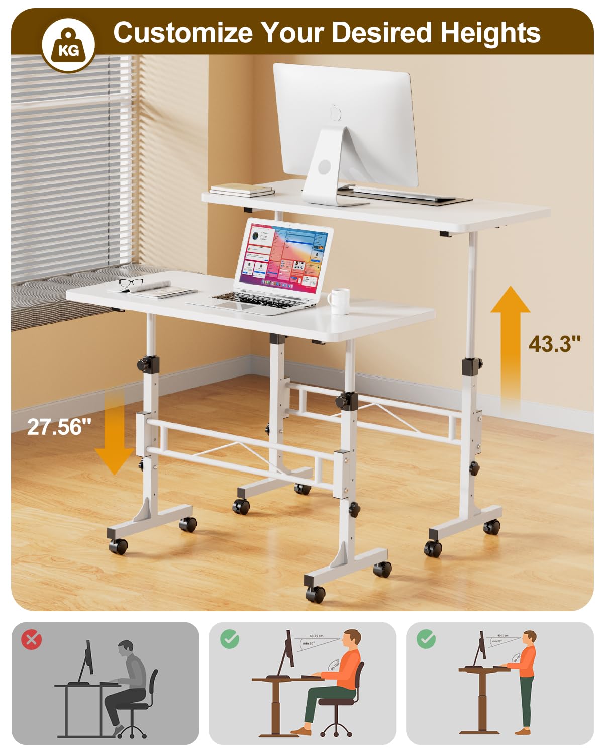 Small Standing Desk Adjustable Height, Mobile Stand Up Desk with Wheels, 32 Inch Portable Rolling Desk Small Computer Desk, Portable Laptop Desk - WoodArtSupply