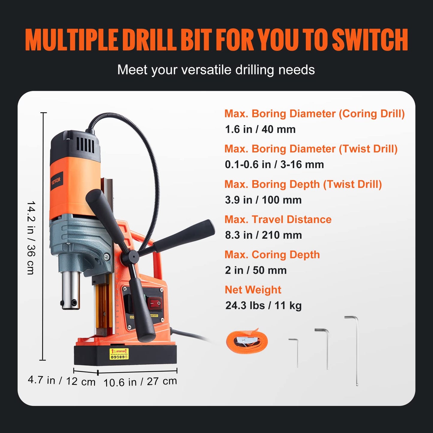 VEVOR Mag Drill Press, 1300W 1.57" Boring Diameter, 2922lbf Power Portable Magnetic Drill, 810 PRM, Electric Drilling Machine for Metal Surface,