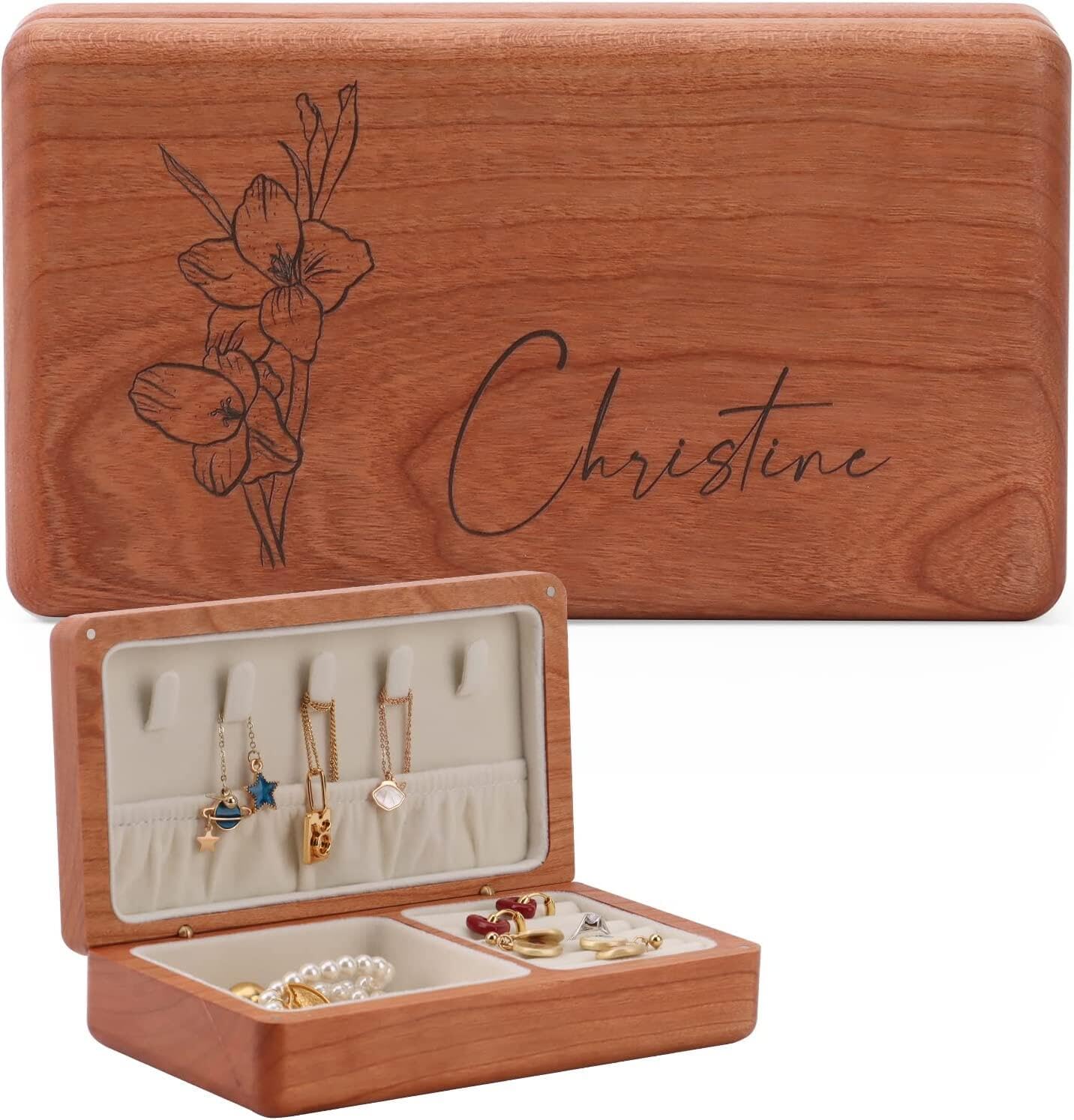 ALBK Personalized Gifts for Women - Custom Wooden Jewelry Box with Birth Flower, Birthday Gifts for Mom, Wife, Girlfriend, Her, Bridesmaid Proposal - WoodArtSupply