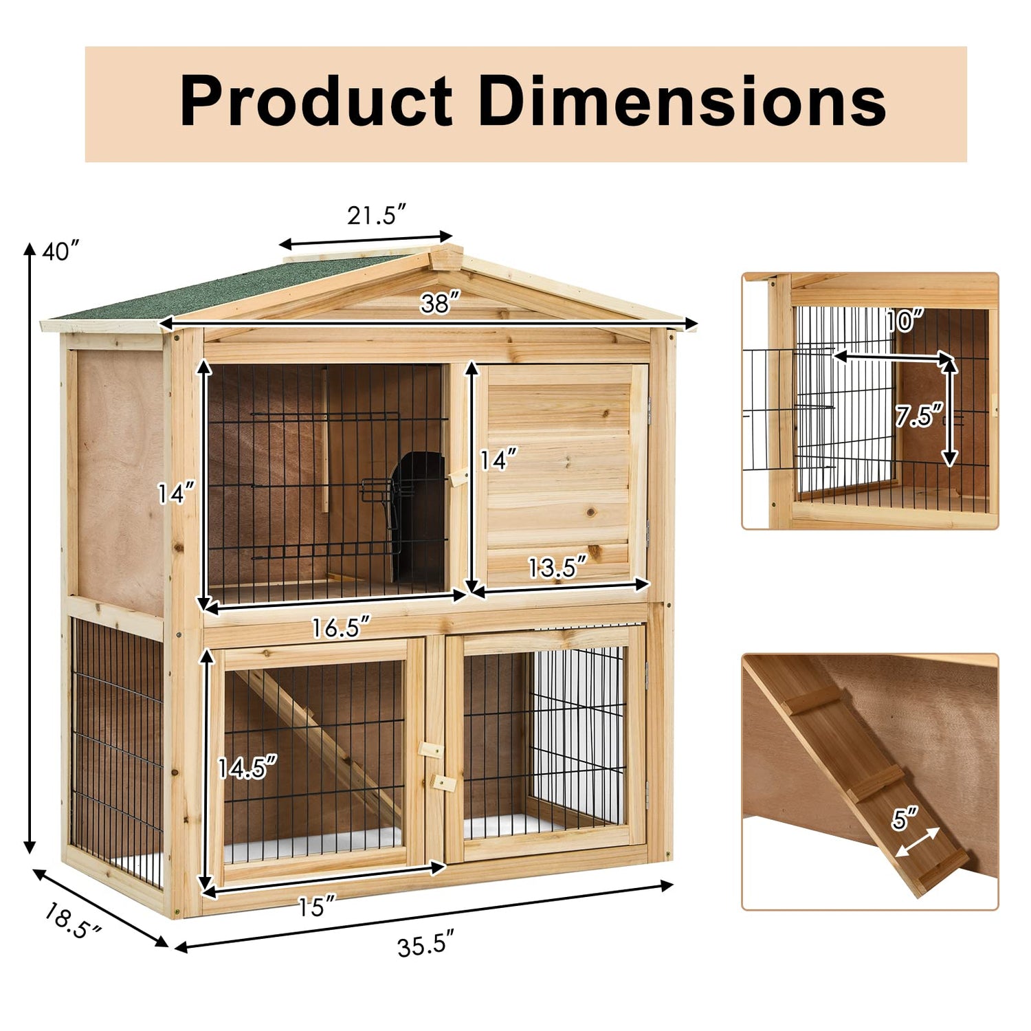 Tangkula Wood Chicken Coop and Rabbit Hutch, Indoor Outdoor Bunny Hutch with Ramp & Run, Hen Guinea Pig Cage with Waterproof Roof Ventilation Door, Tangkula