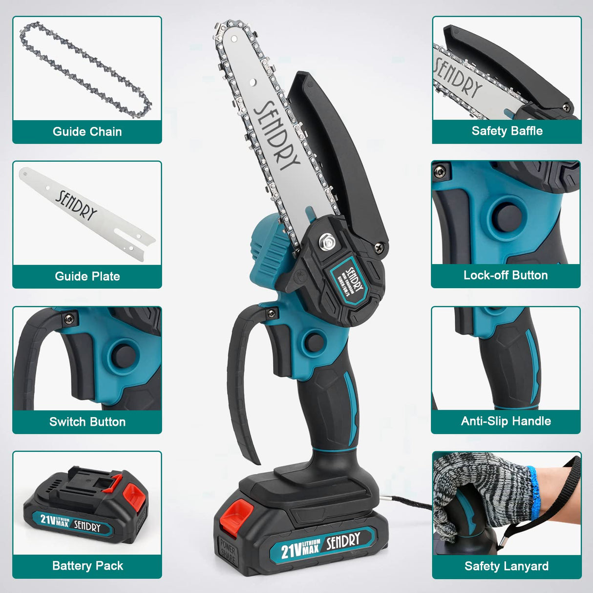 SENDRY Mini Chainsaw 6-Inch, Powerful Cordless Rechargeable Handheld Small Electric Saw Powered by 2Pcs 21V 7500mAh Batteries for Wood Cutting, Tree DIKAKO